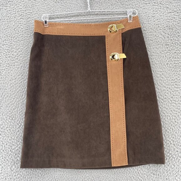 J Mclaughlin Skirt Womens 4 Brown Colorblock Stretch Microsuede Mini Gold Buckle - Picture 11 of 11
